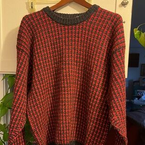 AUSTIN REED 100% Shetland Wool red black crew neck knit sweater Scotland men’s